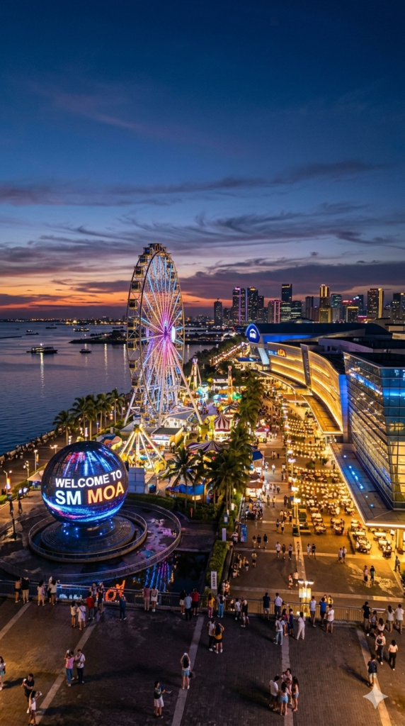 Panoramic view of the SM Mall of Asia complex at sunset, showcasing the iconic metallic globe, bustling outdoor baywalk, and the MOA Eye Ferris wheel overlooking Manila Bay.
