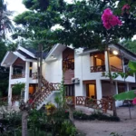 White sand beach and turquoise water at Bruce Beach Resort in Siquijor Island, Philippines, featuring native cottages and coconut trees under a clear blue sky.