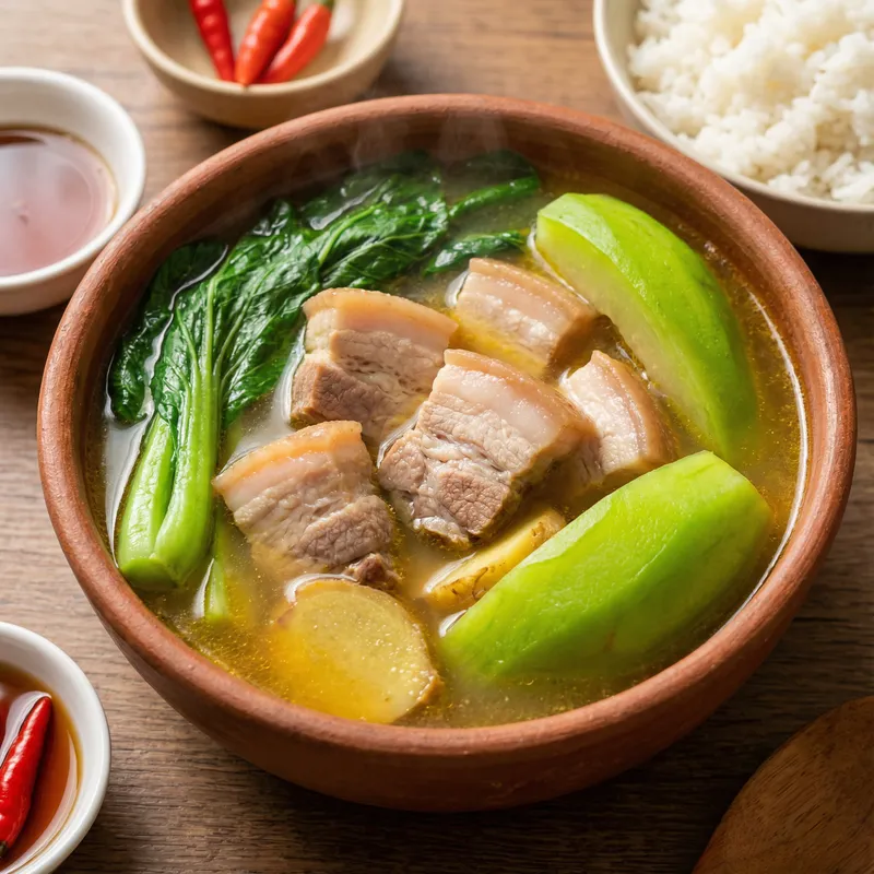 A steaming bowl of authentic Filipino Sinigang, a sour tamarind soup with pork, radish, kangkong, and chili, served at a local restaurant in Manila, Philippines.
