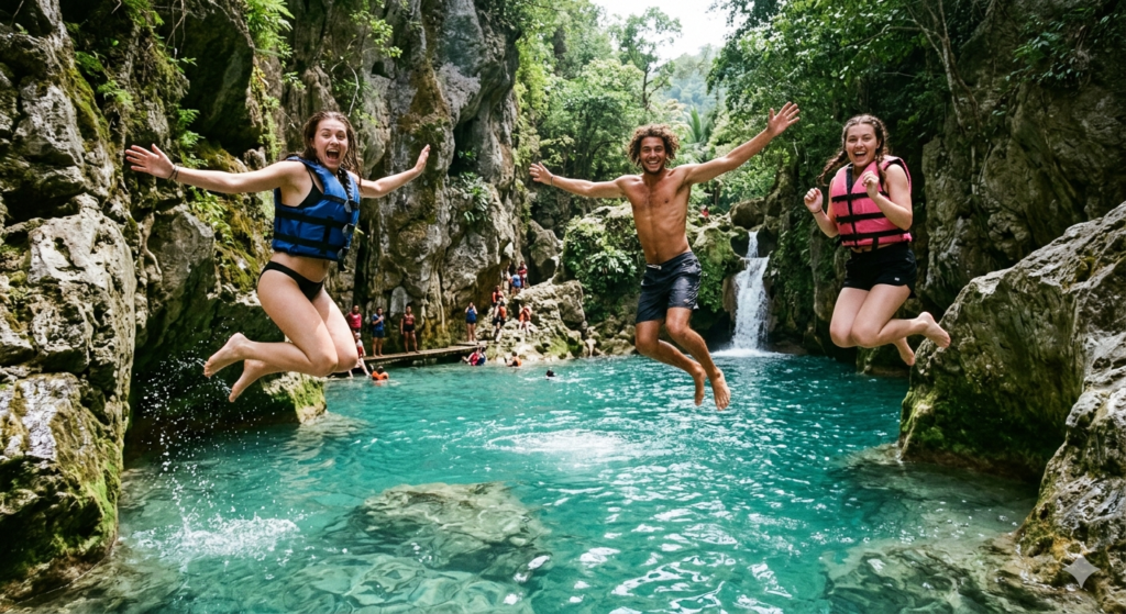 Adventure seekers leaping into the crystal-clear waters of the Badian canyon