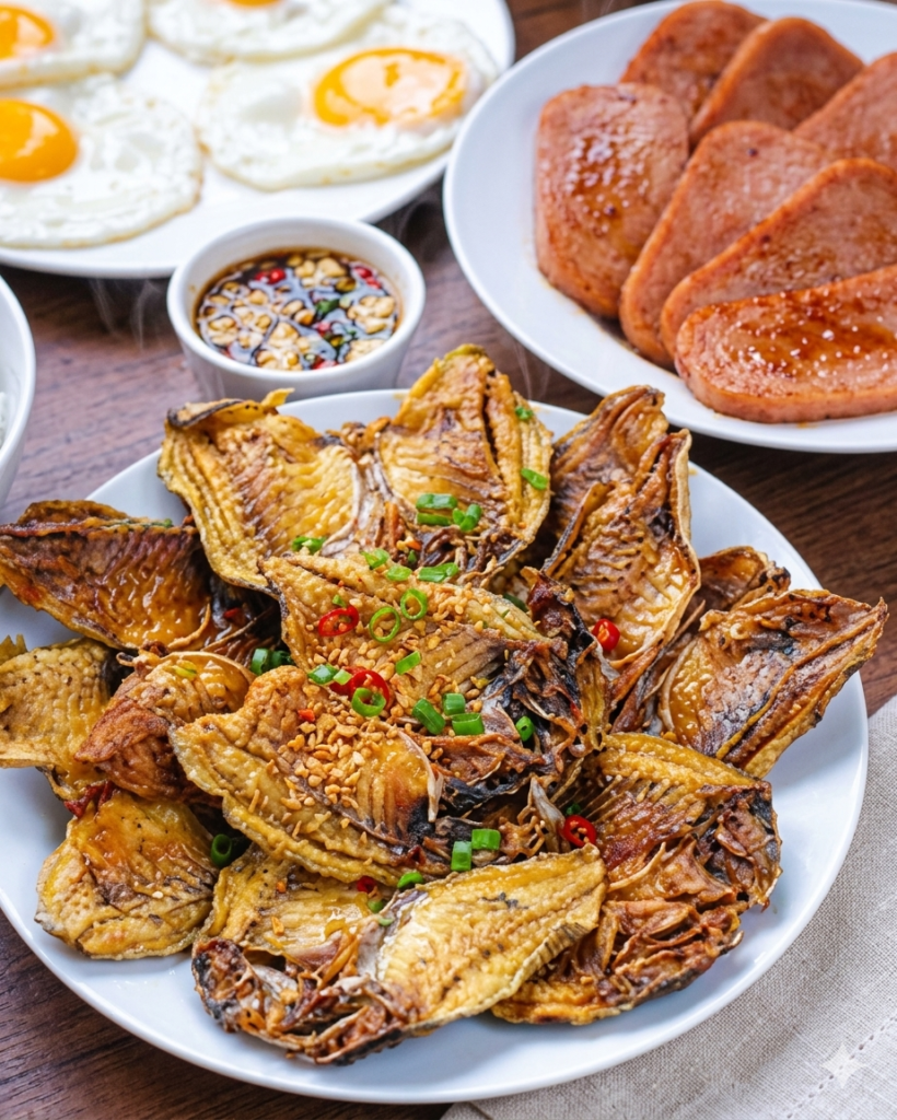 A close-up shot of crispy, golden-brown fried danggit (salted sun-dried rabbitfish) served with garlic fried rice, a fried egg, and a spicy vinegar dipping sauce on a traditional wooden table in Cebu, Philippines.