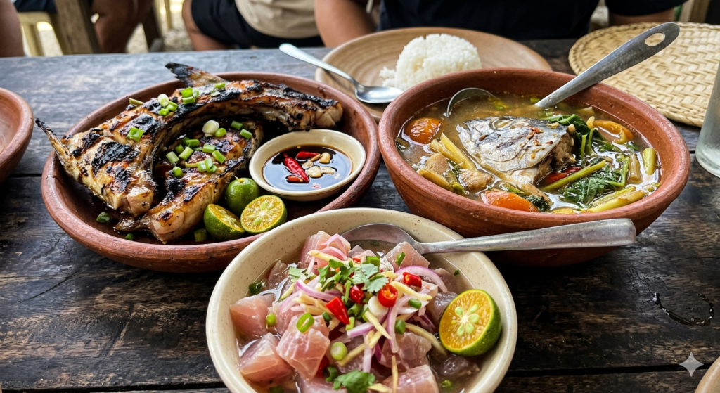 A close-up shot of a traditional Visayan SuTuKil meal featuring freshly grilled fish (Sugba), a steaming bowl of fish broth with vegetables (Tuwa), and a plate of citrus-marinated raw fish ceviche (Kilaw), served on a native banana leaf with a view of a tropical Philippine beach in the background.