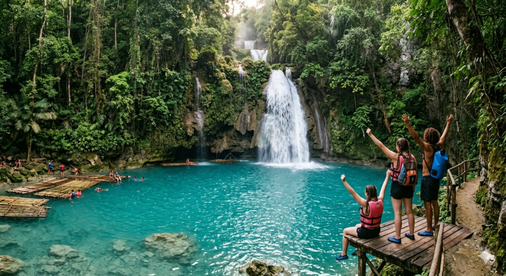 Adventure seekers leaping into the crystal-clear waters of the Badian canyon