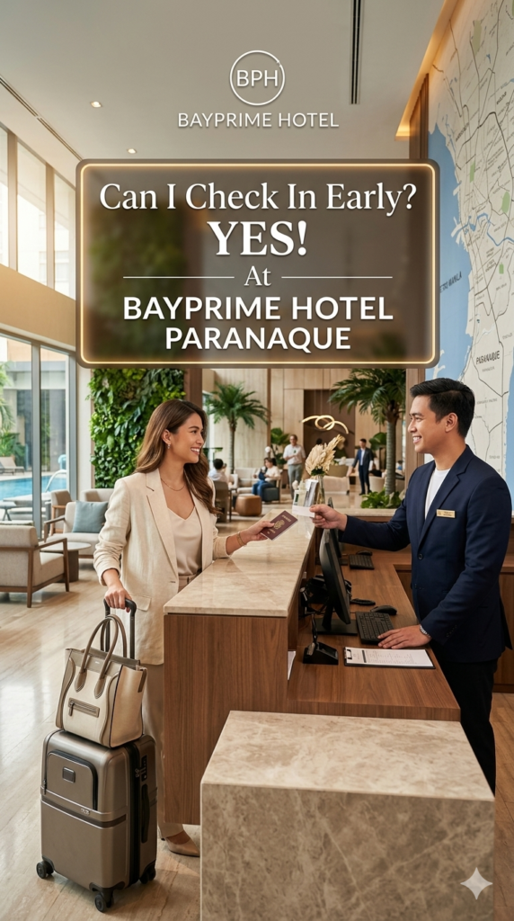 A female traveler checking in early at the front desk of Bayprime Hotel Parañaque, handed her key by a smiling receptionist in a bright, modern lobby with a pool view.