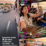 Traveler taking a selfie inside a brightly lit traditional Philippine jeepney on the route from Bayprime Hotel to SM Mall of Asia, featuring a map graphic and sunset view.
